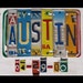 Funky Wedding Anniversary Word Block with name and date - Custom Signs Available - Recycled Vintage License Plate Sign Art - Salvaged Wood - Upcycled Artwork