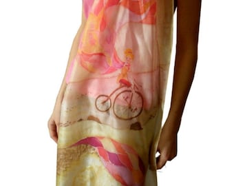 Hand painted Silk scarf in yellow pink colours-Girl on vintage bike. L GIFTS for women