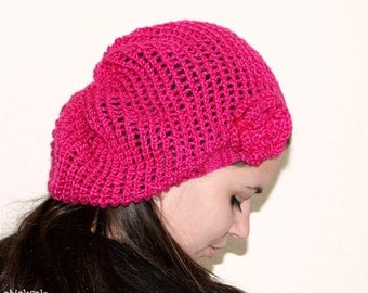 Handmade Hat. Twee beret. Lace Fashion Neon Hot pink hat. Fuchsia Hat. Magenta slouchy mesh hat. Silky bamboo yarn. Crochet flower.