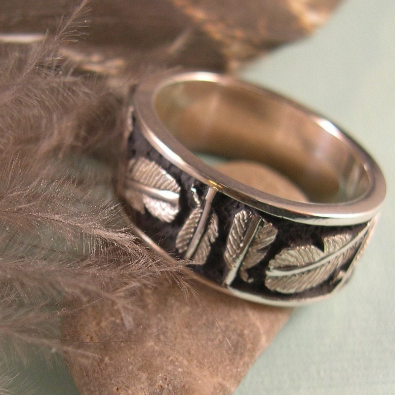 Feather Ring Hand Carved Engraved Sterling Silver