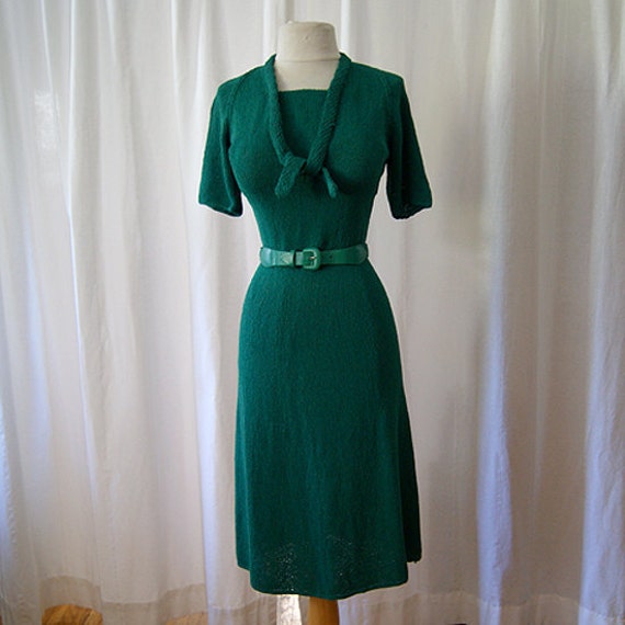 Sassy 1950's hand loomed emerald green knit sweater dress