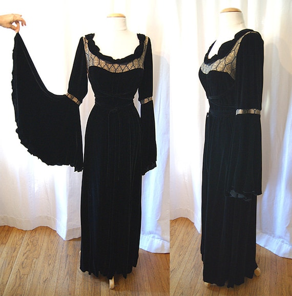 Designer 1970's black velvet floor length gown by wearitagain