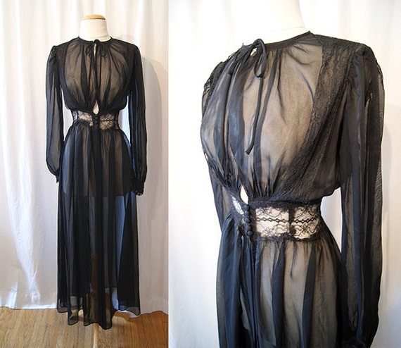 Sexy 1940's sheer black nylon and lace robe bombshell