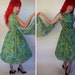 Fabulous 1950's Party Prom Dress Blue and Green Floral Chiffon with Hanging Back Sash - Built-In Crinoline - VLV - Size M