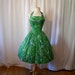 Gorgeous 1950's designer Alix of Miami green cotton new look halter party dress rhinestone pin up girl tiki - size Small