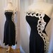 Glamorous 1950's black linen cocktail party dress with white pleated organza ruffles and appliques vlv rockabilly vixen - size Medium