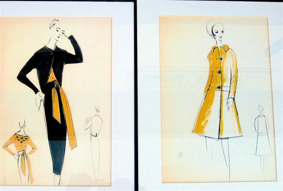 Framed Fashion Sketches MID CENTURY PRINTS by elansolete on Etsy
