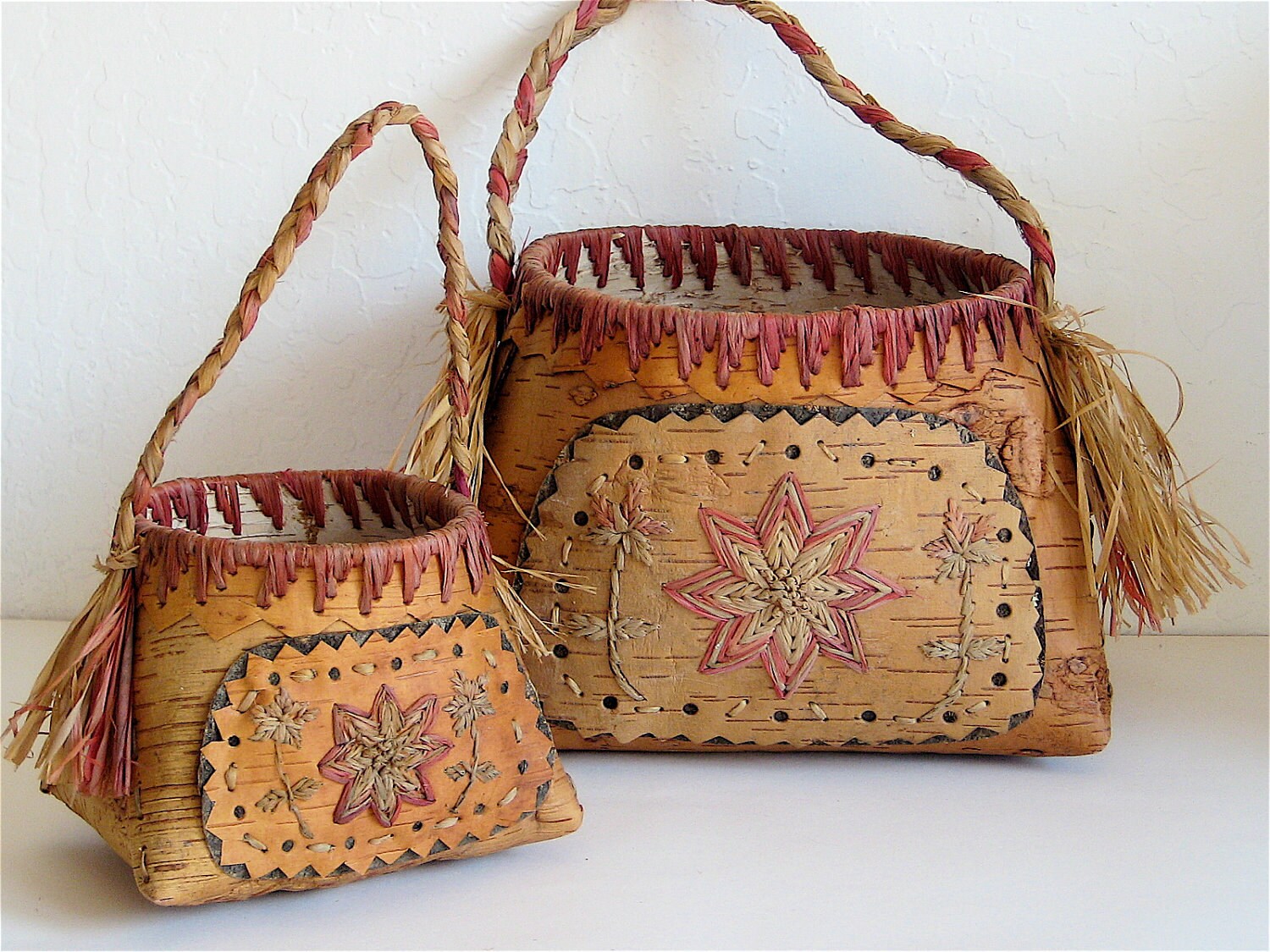 Vintage Baskets Old Birch Bark Handmade Pair