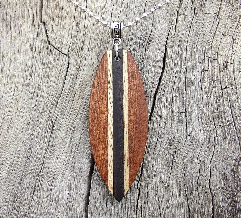 Exotic Wood Surfboard shaped Pendant on Silver Plated Ball
