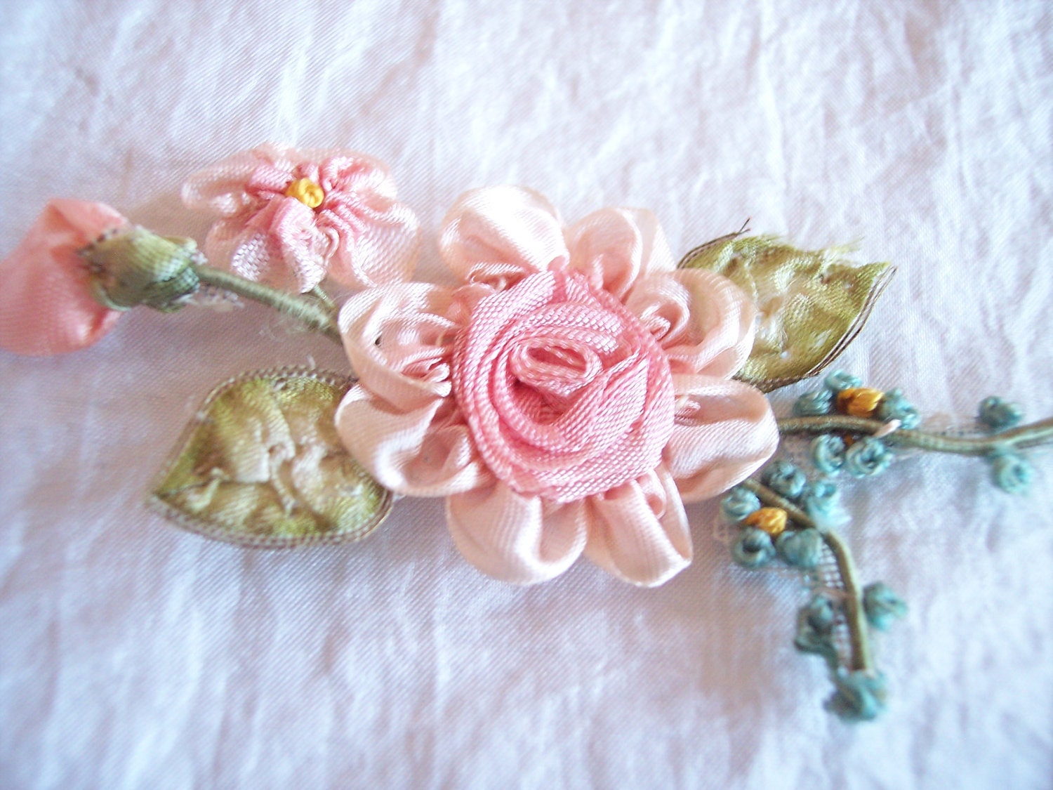 Antique Vintage Silk Ribbon Work Pink Rose Rosette Applique