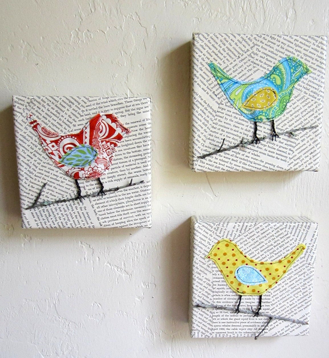 Set of 3 mixed media bird art canvases by agoodhome on Etsy