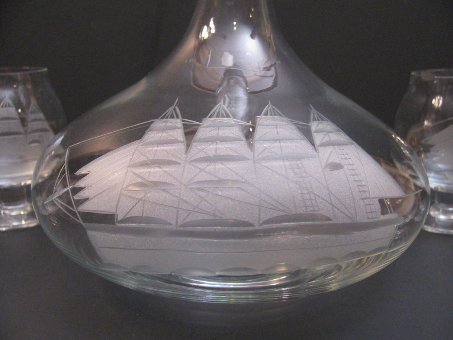 Etched Glass Brandy / Port Decanter 6 Glasses Set Sailing
