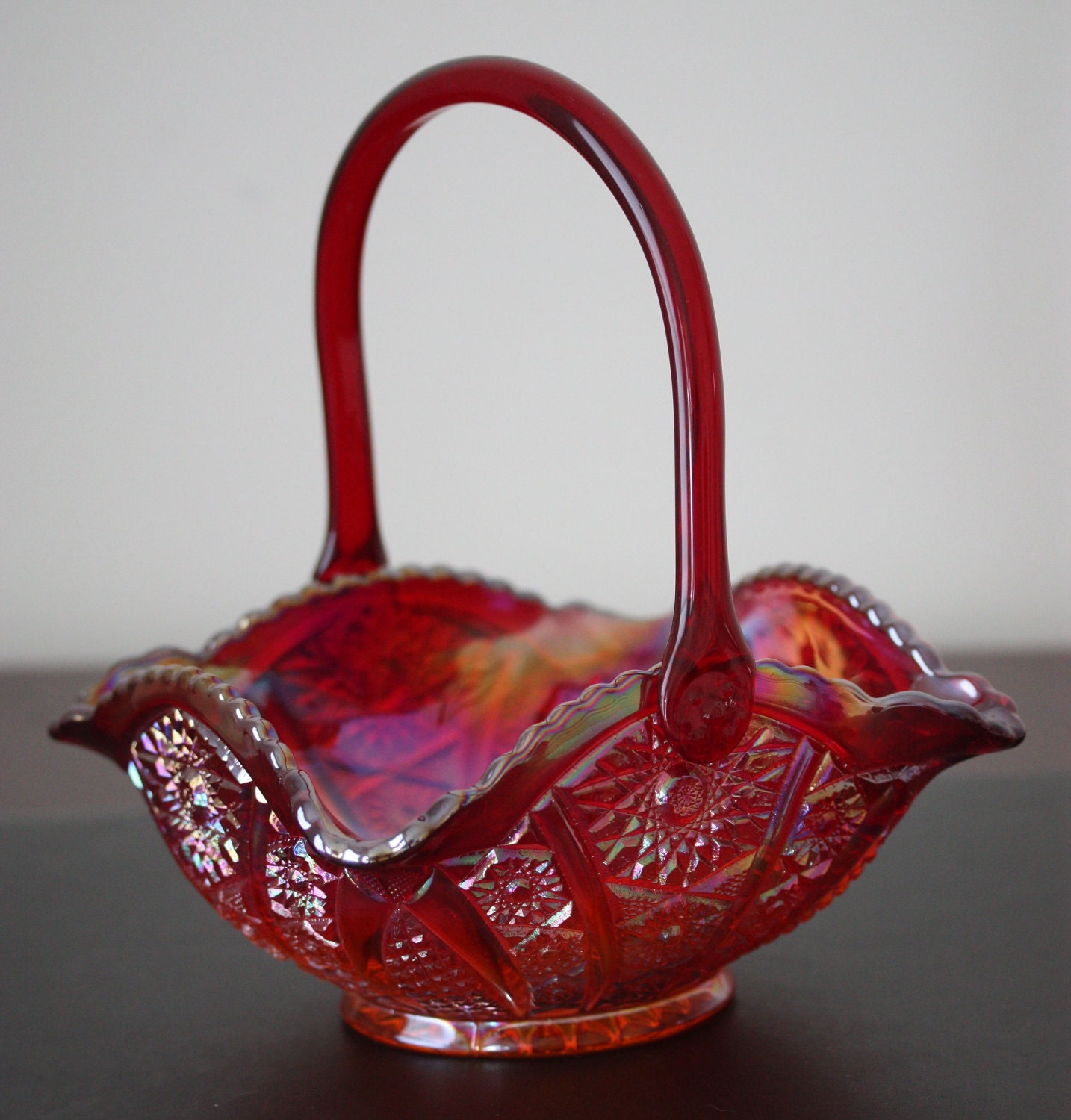 Carnival Glass Handled Basket by Indiana Glass Red Sunset