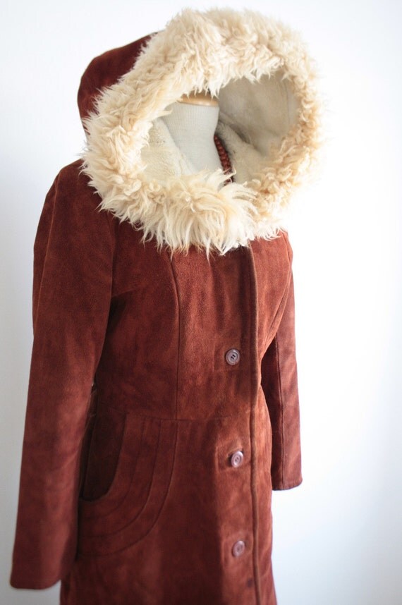 Long Suede Jacket Leather 70s Faux Fur Trimmed Hood Umber Rust
