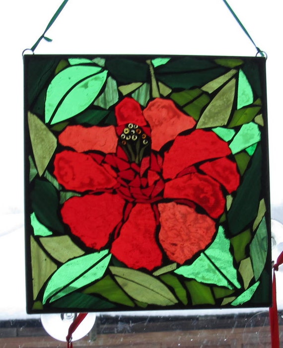 Stained Glass Mosaic Bright Red Hibiscus Wall By Hildemosaics