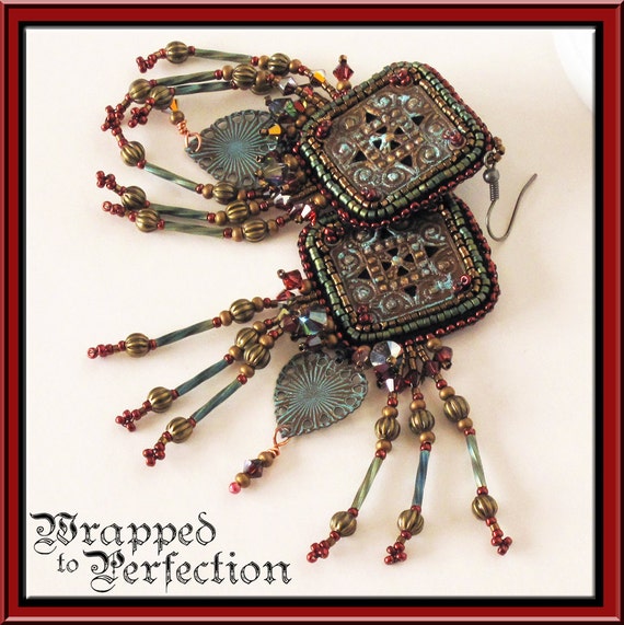 Bohemian Bead Embroidered Earrings Verdigris Boho Turquoise