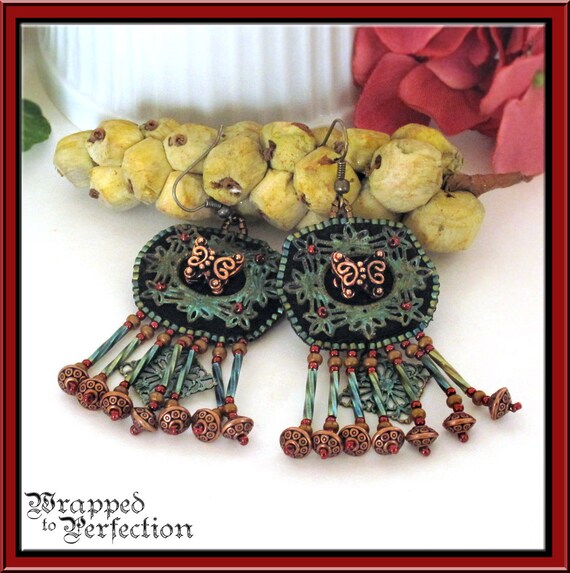 Bead Embroidered Earrings BOHO Verdigris by WrappedToPerfection