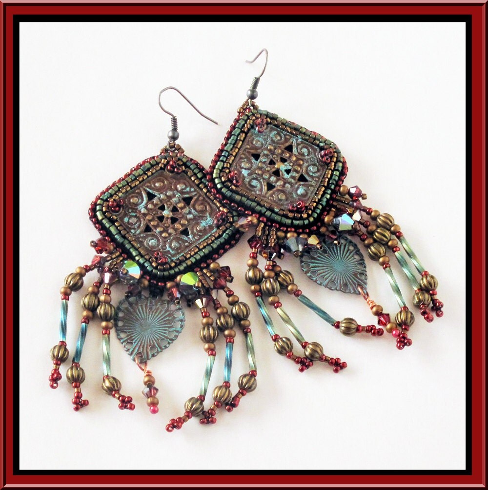 Bohemian Bead Embroidered Earrings Verdigris Boho Turquoise