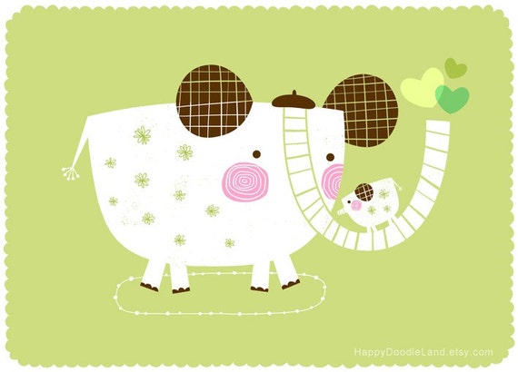 Sweet Elephants (Green)- Print