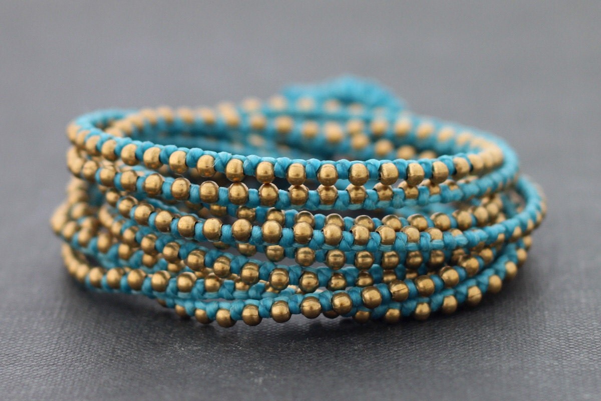 Wrap Bracelets Woven Bead Boho Light Blue Brass
