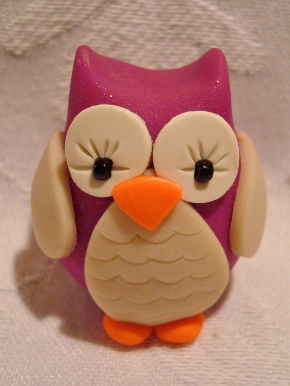 Fall CHUBBY OWL Fuchsia PINK Polymer Clay Animal Limited