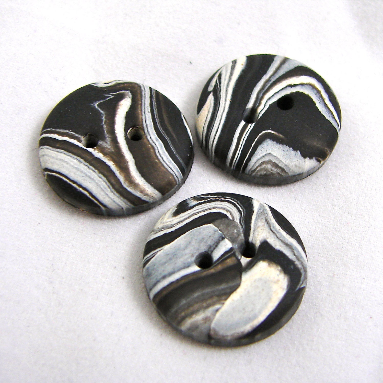 MARBLED Black & White Polymer Clay BUTTONS Set of 3