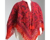 Vintage 1960s Red BOHO Paisley Poncho Cape