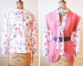 Vintage 1970s Pink POPPIES Secretary Bow Blouse m/l