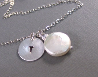 Anastasia,Silver Necklace,Sterling Silver, Pearl Necklace,Stamped,Initial,Mommy. Handmade jewelery by valleygirldesigns.