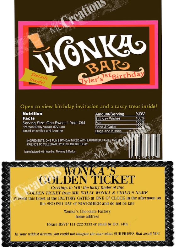 Willy Wonka Golden Ticket Invitation Candy Bar Wrapper Set of