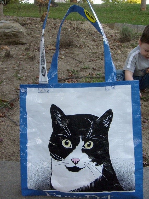 Recycled Feed Sack Blue Cat Litter Market Bag Tote or Purse
