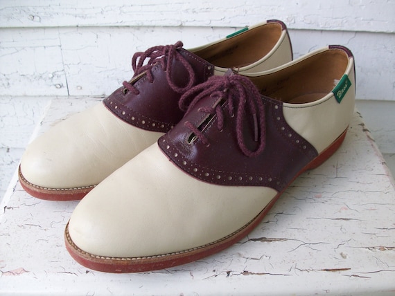 Vintage 1980's Burgundy and Tan Saddle Shoes by sparvintheieletree