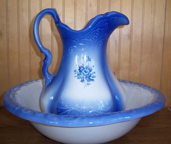 Items similar to Vintage Blue Ironstone Pitcher and Bowl on Etsy