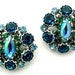 Vintage Rhinestone Earrings 1950s Blue and Green Irridescent Center