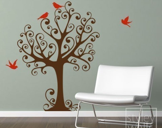 Ornamental Tree with Birds Vinyl Wall Decal, Medium size, Tree Wall Decal, Ornament Tree Wall Decal with Birds, Nursery Tree Wall Sticker