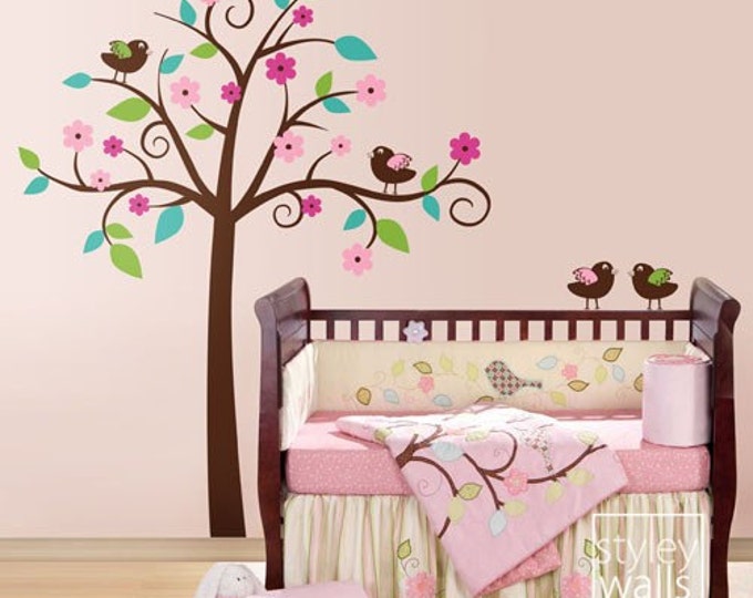 Tree and Birds Wall Decal, Birds with Tree Wall Decal, Tree and Birds Sticker, Whimsical Flower Tree with Love Birds Nursery Wall Decal