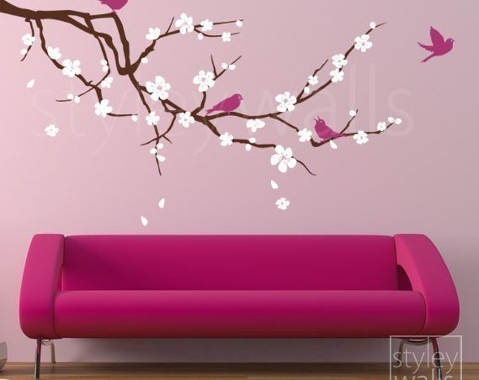 Cherry Blossom Branch and Birds Wall Decal, EXTRA LARGE Branch with Flowers Vinyl Wall Decal for Nursery Children Kids Room Decor