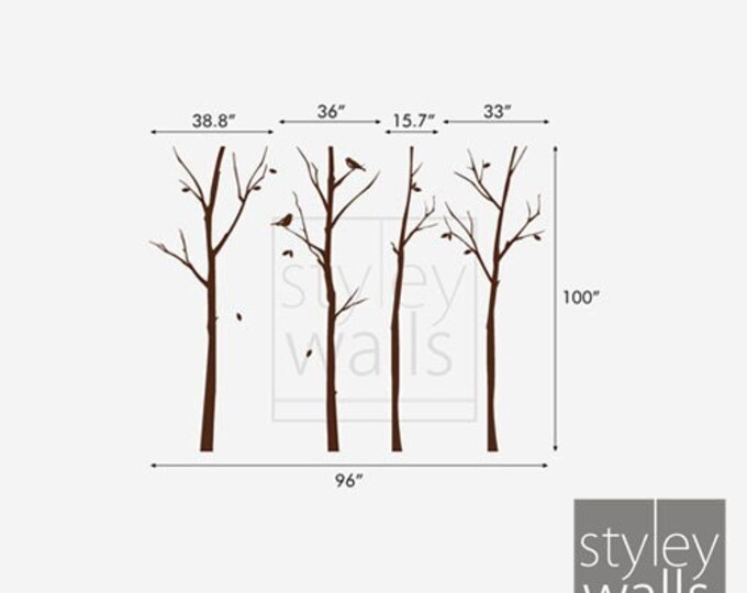 Forest Winter Trees and Birds Wall Decal, Thin Winter trees wall decal, Forest Nature Home Decor, Winter Trees for Baby Kids Room Decor