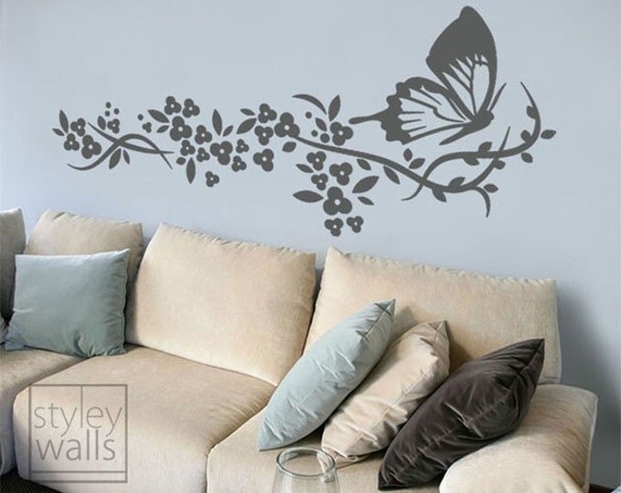 Butterfly Wall Decal, Butterflies Wall Decal, Branch Butterfly and Flowers Wall Decal for Baby Nursery Decor, Butterfly Wall Sticker