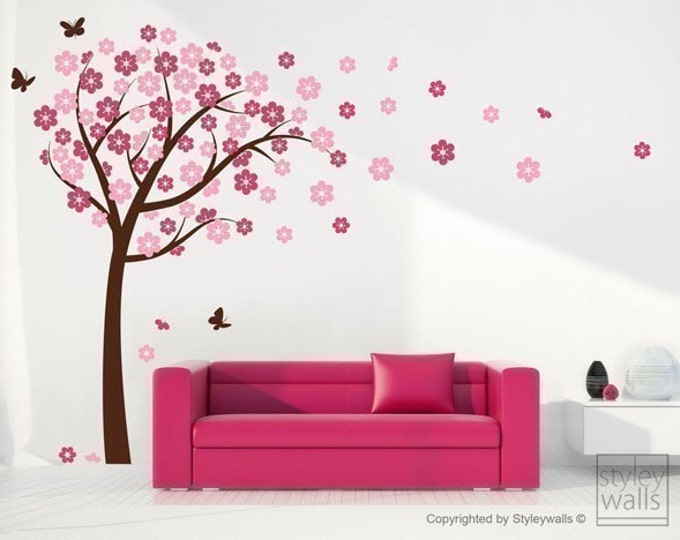 Cherry Blossom Wall decal, Blooming Cherry Tree and Butterflies Wall Decal Sticker, Cherry Blossom Flowers Tree Wall Decal for Kids Nursery