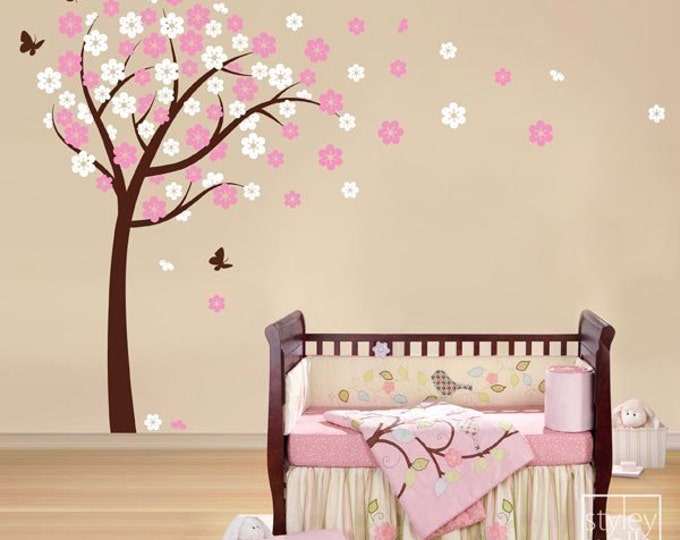 Cherry Blossom Wall decal, Blooming Cherry Tree Wall Sticker, Butterflies Flower Tree Vinyl Wall Decal Kids Nursery, Cherry Tree Sticker