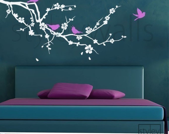 Cherry Blossom Branch Wall Decal, Cherry Branch Wall Decal Sticker, Cherry Blossom Tree with Birds Wall Decal for Nursery Babyroom Decor