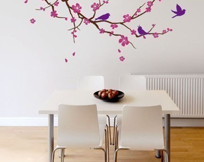 Cherry Blossom Branch and Birds Wall Decal, Cherry Branch Wall Decal Sticker, Cherry BlossomTree Wall Decal for Nursery Home Decor