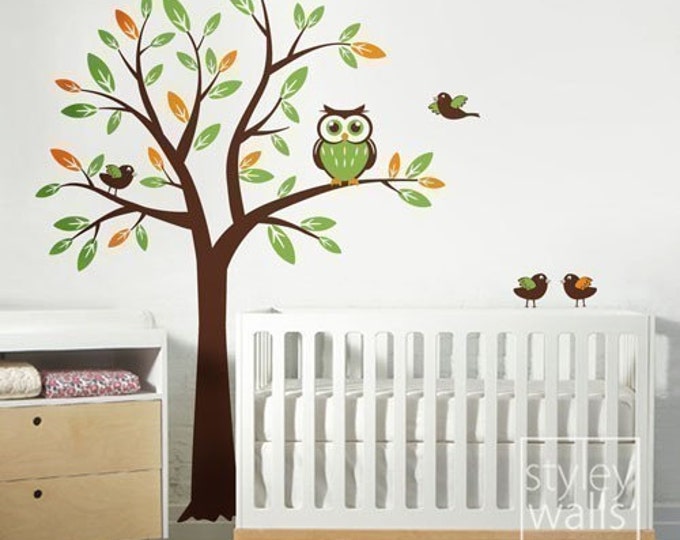 Owl Tree Decal Wall Decal for Nursery Decor, Tree with Owl and Birds Wall Decal Kids Nursery Baby Room Decal, Owls Tree Sticker Room Decor