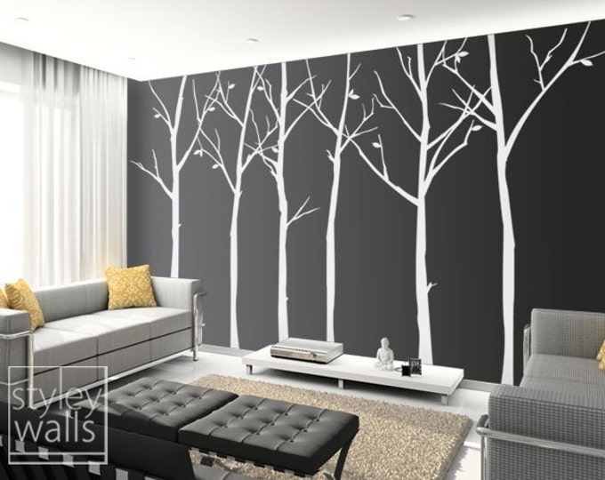 Thin Birch Trees Wall Decal, Forest Trees and Birds Wall Decal, Winter Trees with Birds Home Decor, Nursery Baby Room Wall Decal