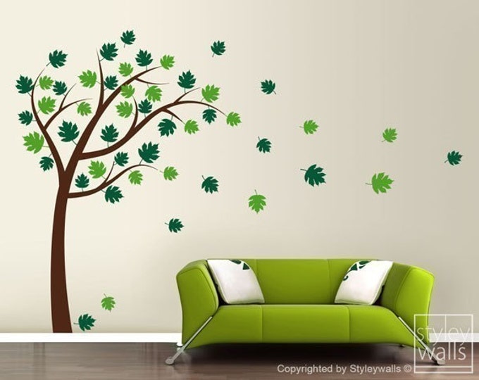 Tree with Leaves Wall Decal, Autumn Tree with Leaves Blowing in the Wind Vinyl Wall Decal, Tree Wall Sticker for Home Office Bedroom Decor