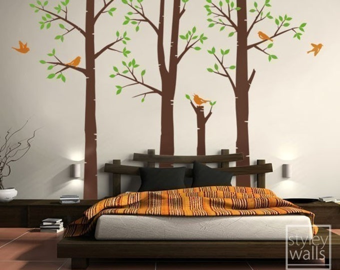 Birch Trees Wall Decal, Forest Trees Wall Decal, Winter Trees and Birds Wall Decal, Living Room Wall Decal, Trees Wall Decal for Home Decor