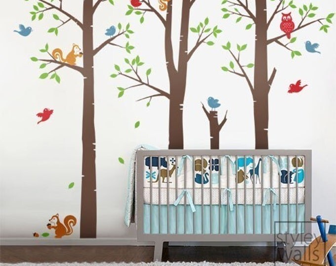 Forest Friends Tree Wall Decal, Forest Animals Tree with Birds Squirrels Owl Wall Decal, Nursery Baby Kids Vinyl Wall Decal Children Sticker