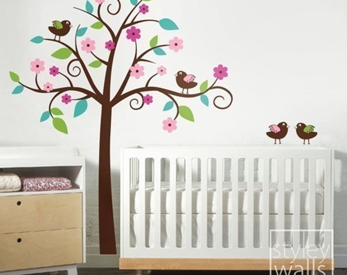 Birds Tree Wall Decal Whimsical Flower Tree with Love Birds Wall Decal Nursery Wall Decal Children Wall Decal Baby Room Tree Sticker