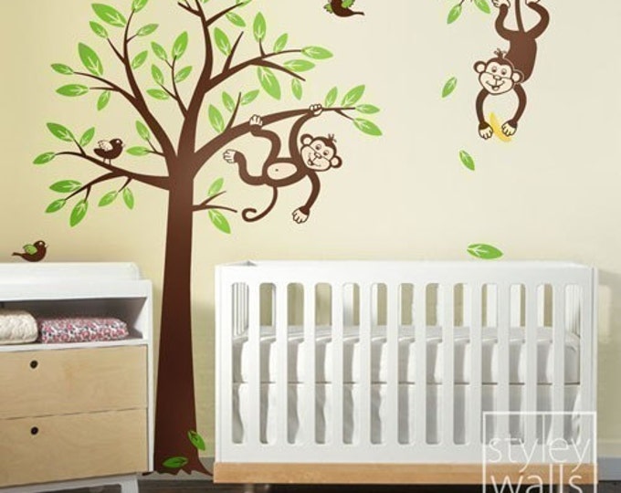 Monkey Tree Wall Decal- 2 Monkeys swinging from Branch and Tree with Birds Wall Decal - Nursery Kids Vinyl Wall Decal Baby Room Wall Sticker